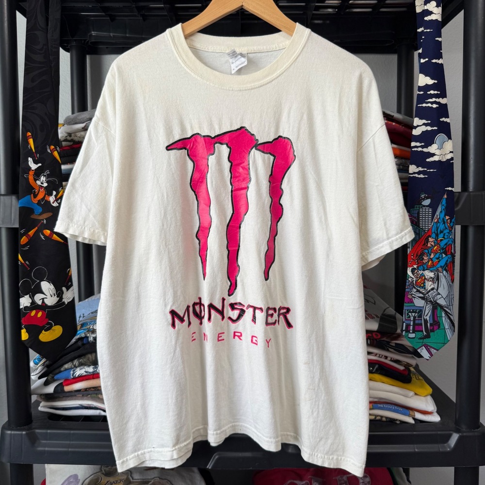 Y2K White Monster Energy Graphic T Shirt Size XL Light Marks